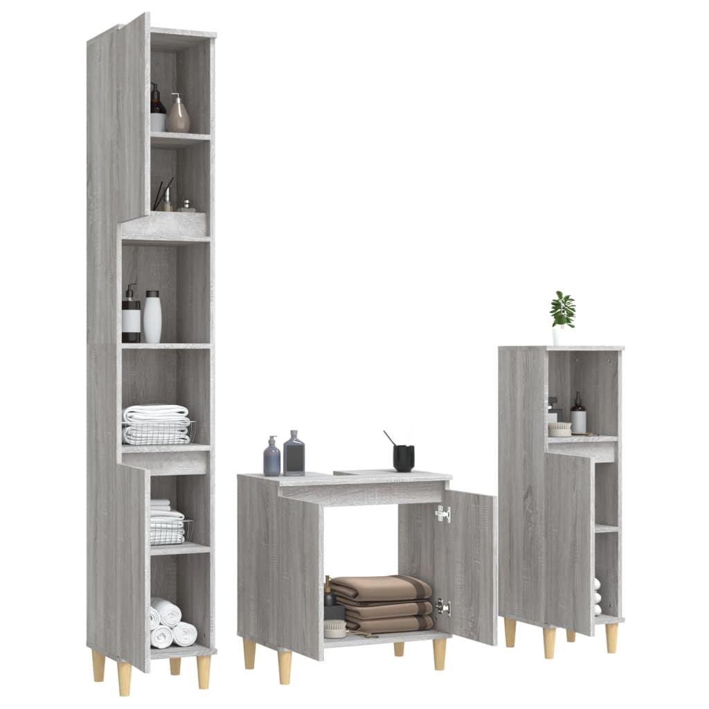3 Piece Bathroom Furniture Set Engineered Wood Grey sonoma