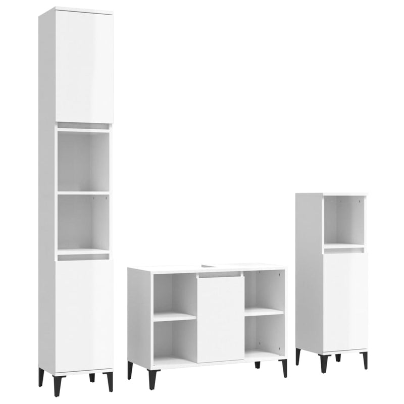 3 Piece Bathroom Furniture Set High Gloss White Engineered Wood