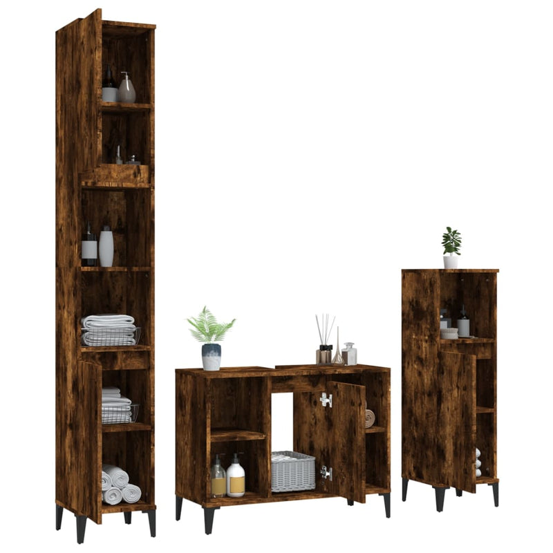 3 Piece Bathroom Furniture Set Smoked Oak Engineered Wood