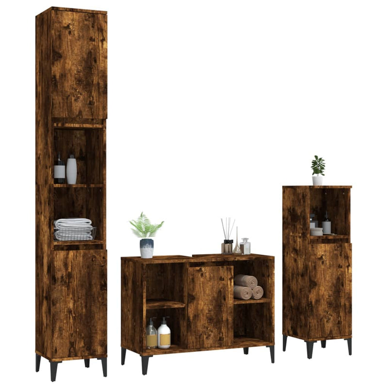 3 Piece Bathroom Furniture Set Smoked Oak Engineered Wood