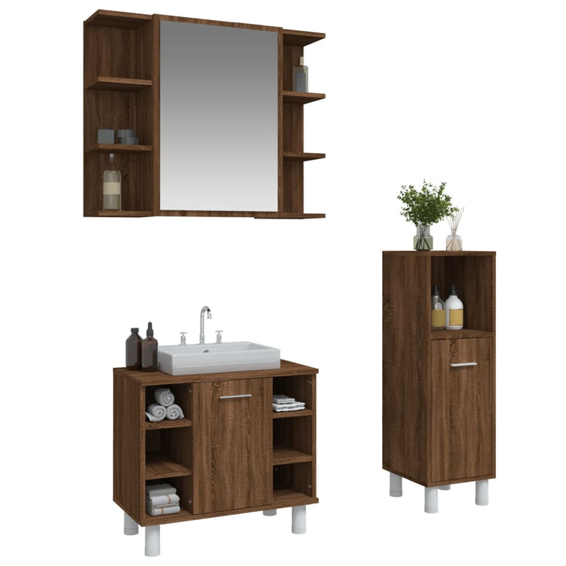 3 Piece Bathroom Cabinet Set Brown Oak Engineered Wood