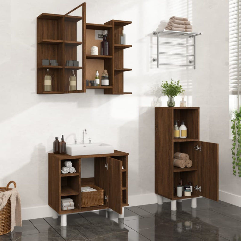 3 Piece Bathroom Cabinet Set Brown Oak Engineered Wood