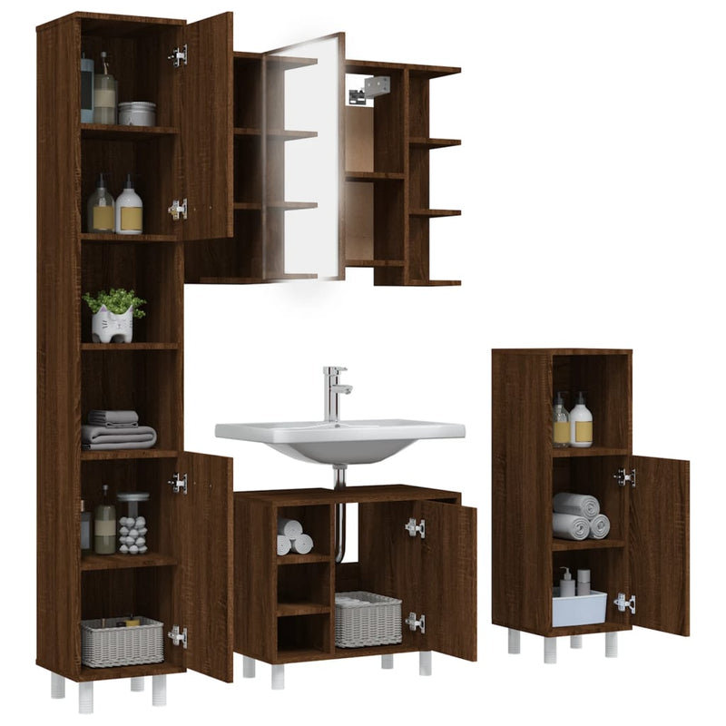 4 Piece Bathroom Cabinet Set Brown Oak Engineered Wood