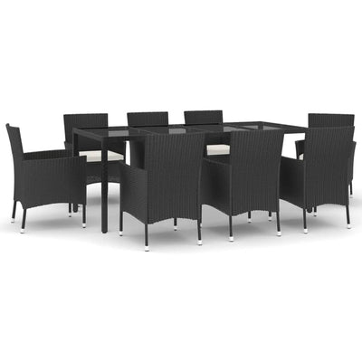 9 Piece Garden Dining Set with Cushions Black Poly Rattan