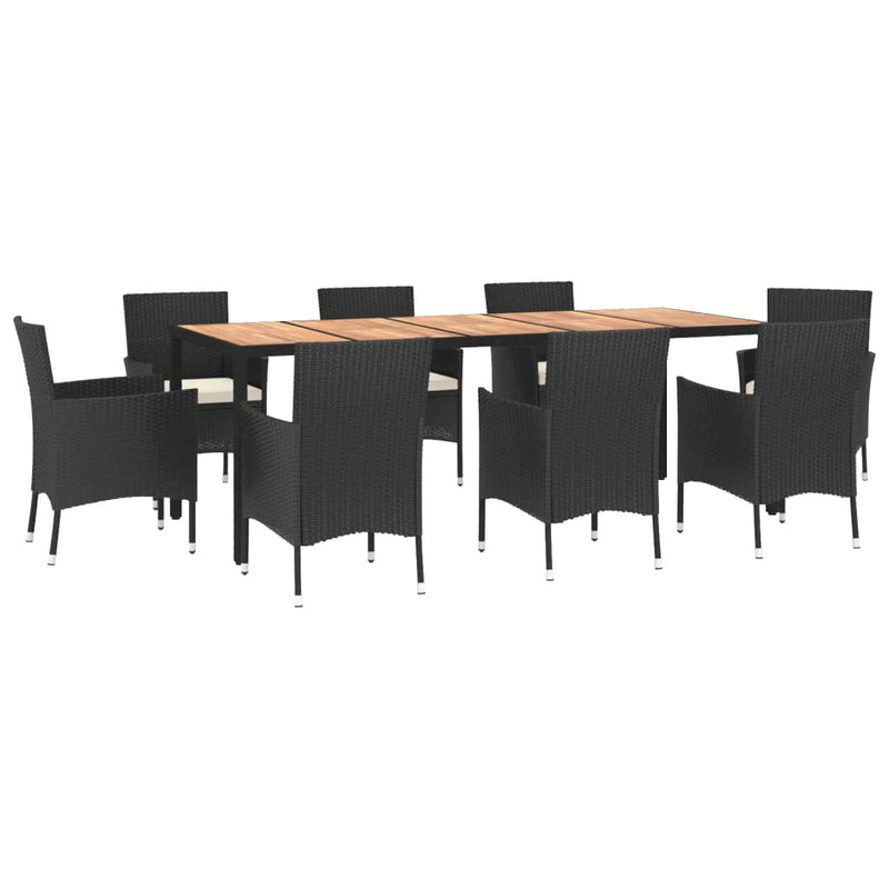 9 Piece Garden Dining Set with Cushions Black Poly Rattan