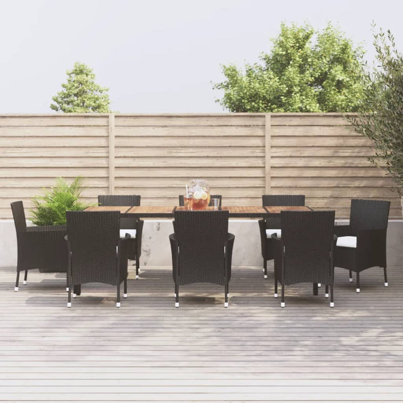 9 Piece Garden Dining Set with Cushions Black Poly Rattan