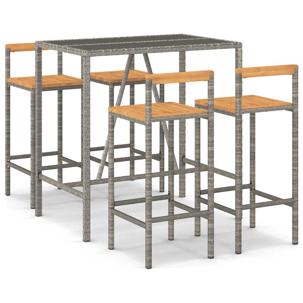 5 Piece Garden Bar Set Poly Rattan& Solid Wood Acacia Grey 110 cm table length 4