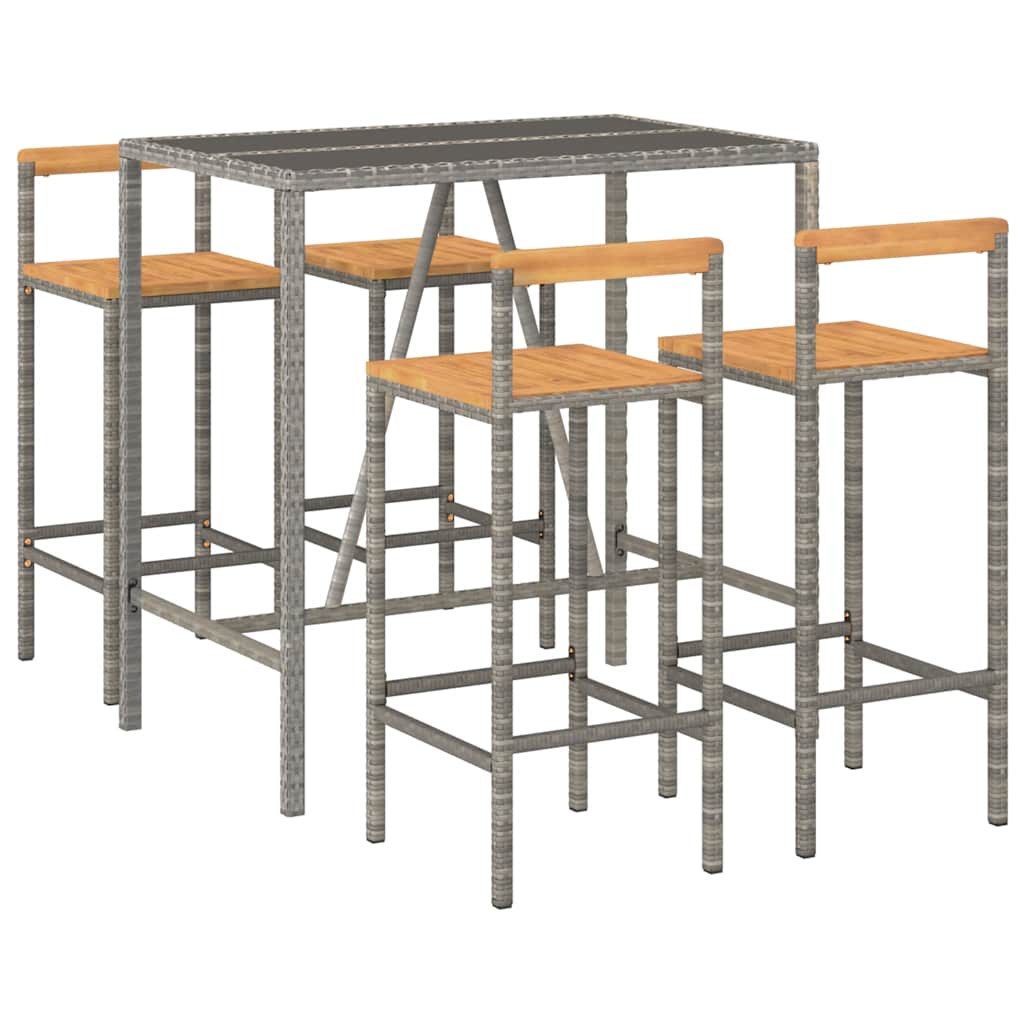 5 Piece Garden Bar Set Poly Rattan& Solid Wood Acacia Grey 110 cm table length 4