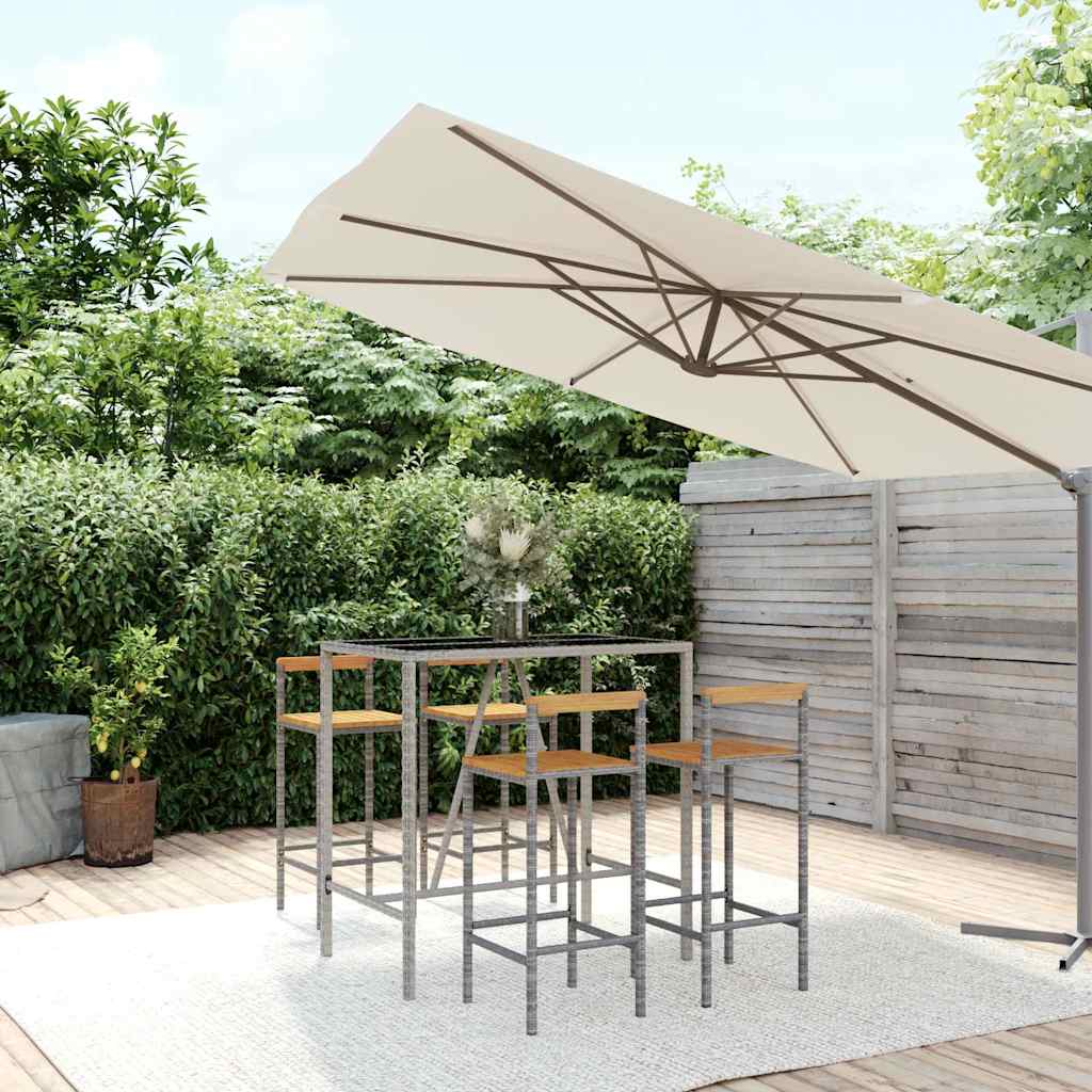 5 Piece Garden Bar Set Poly Rattan& Solid Wood Acacia Grey 110 cm table length 4
