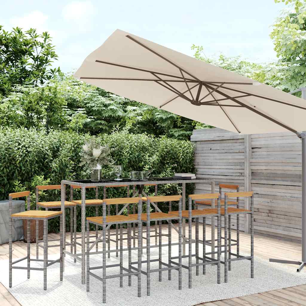 5 Piece Garden Bar Set Poly Rattan& Solid Wood Acacia Grey 180 cm table length 10