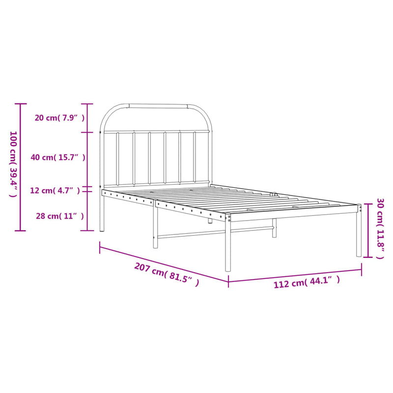 Metal Bed Frame with Headboard White 107x203 cm