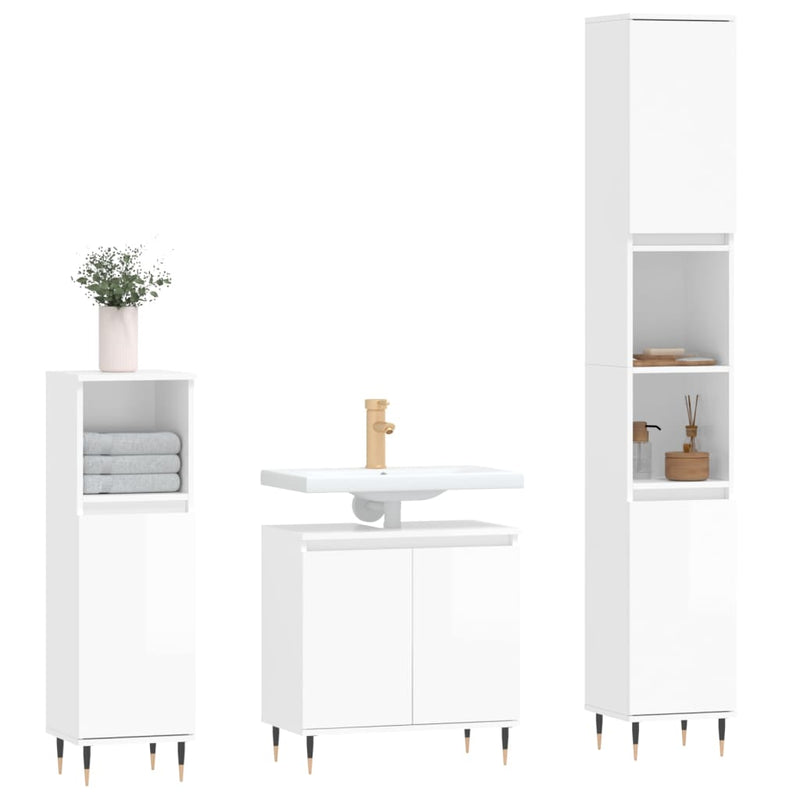 3 Piece Bathroom Cabinet Set High Gloss White Engineered Wood