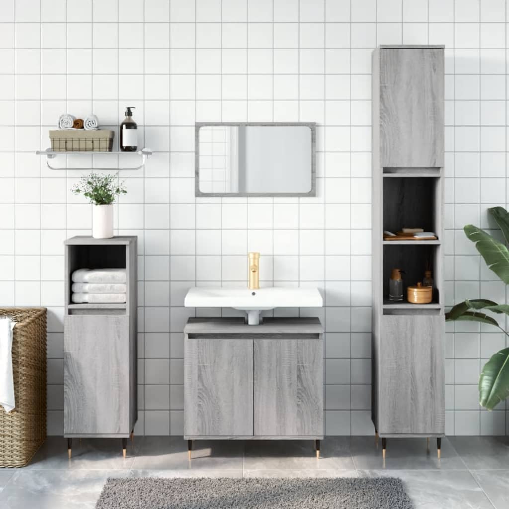 3 Piece Bathroom Cabinet Set Engineered Wood Grey sonoma