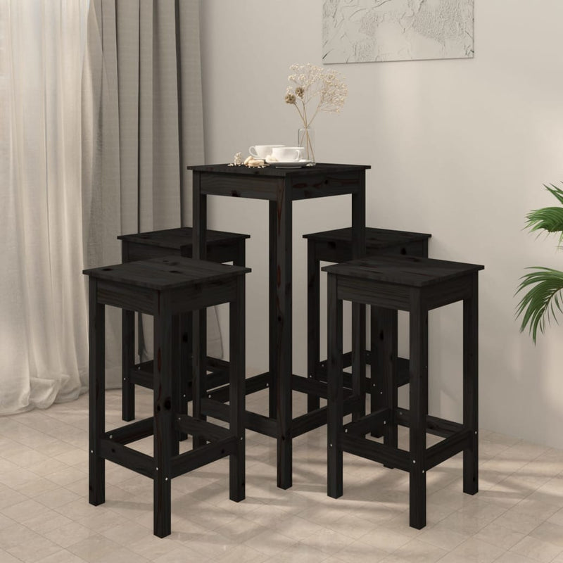 5 Piece Bar Set Black Solid Wood Pine