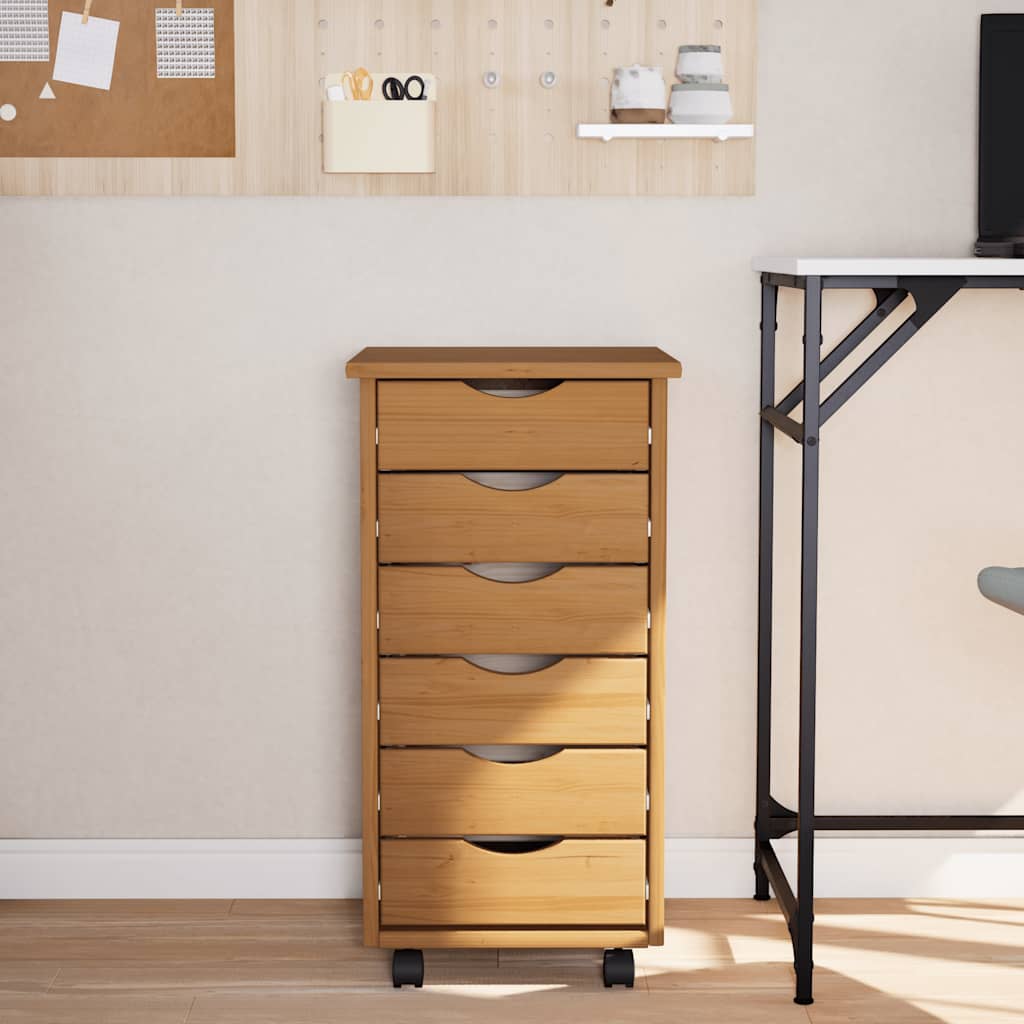 Rolling Cabinet with Drawers "MOSS" Honey Brown Solid Wood Pine, image 3