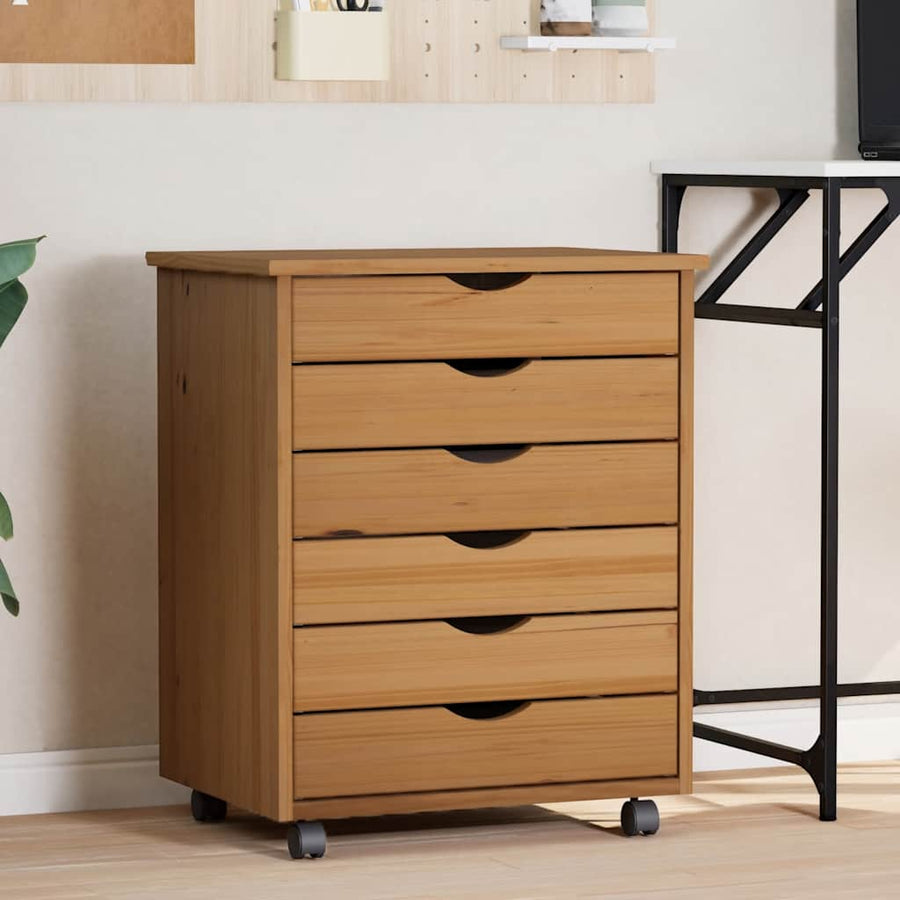 vidaXL Rolling Cabinet with Drawers "MOSS" Honey Brown Solid Wood Pine 1