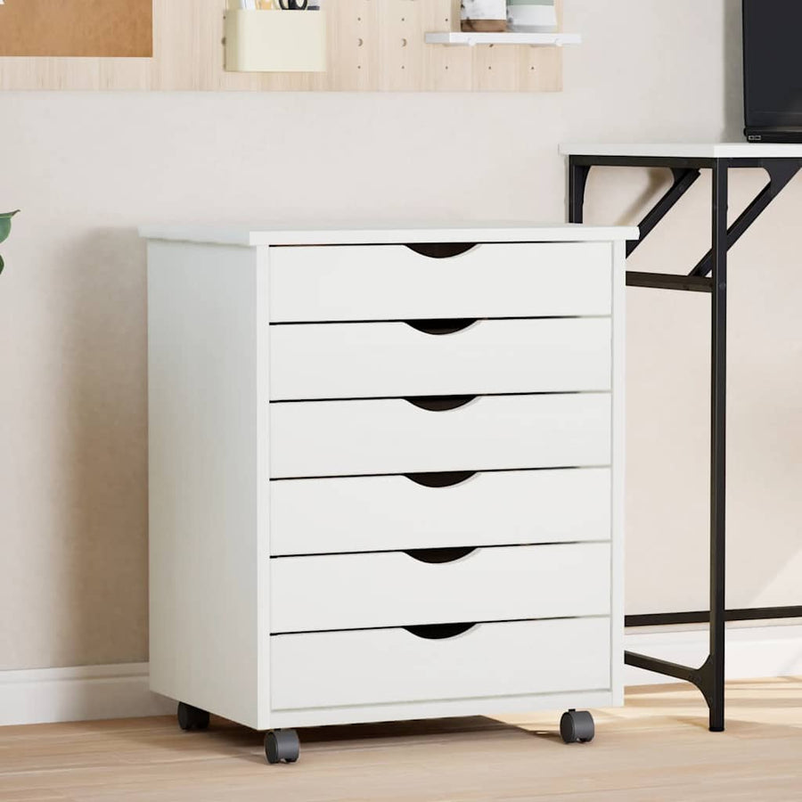 vidaXL Rolling Cabinet with Drawers "MOSS" White Solid Wood Pine 1