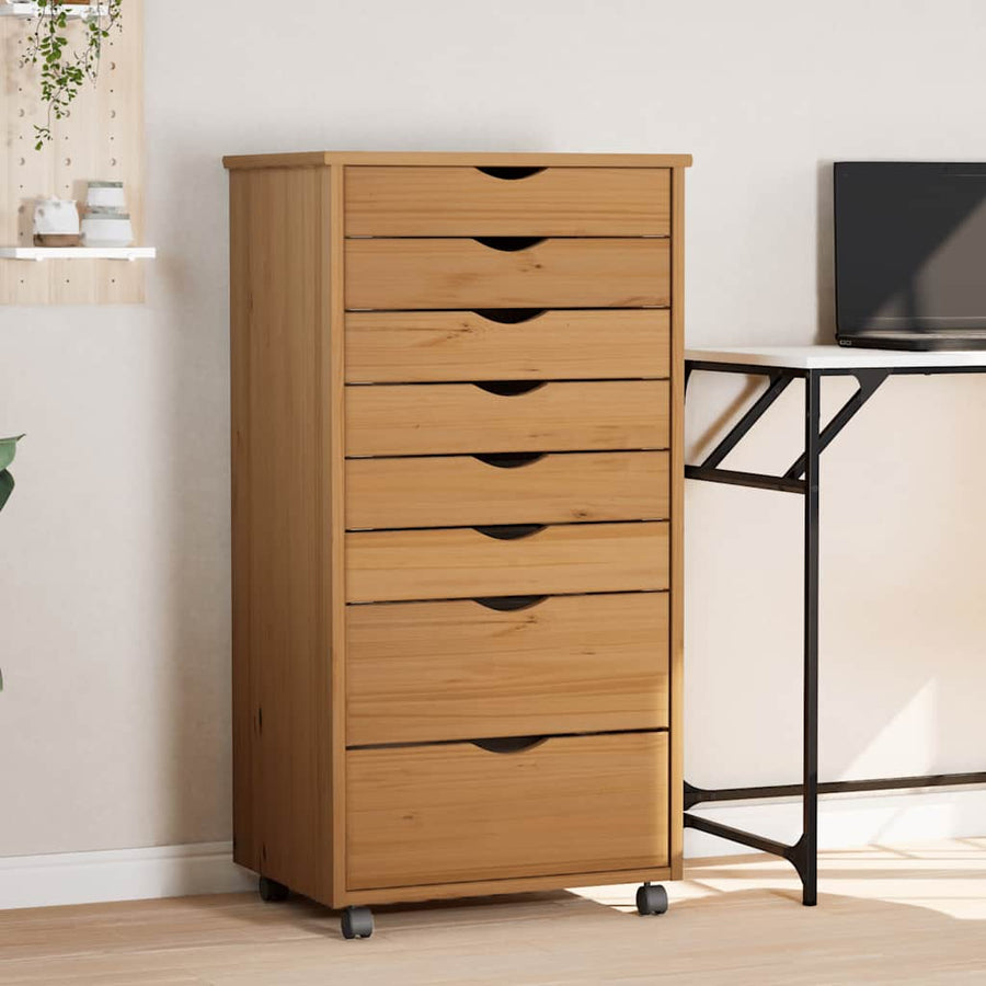 vidaXL Rolling Cabinet with Drawers "MOSS" Honey Brown Solid Wood Pine 1