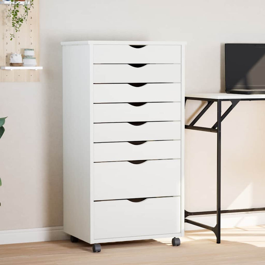 vidaXL Rolling Cabinet with Drawers "MOSS" White Solid Wood Pine 1