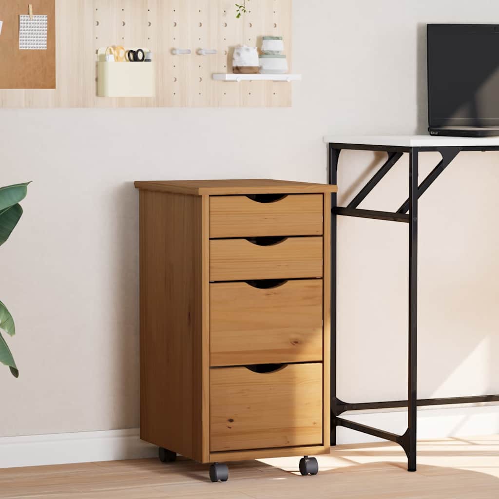Rolling Cabinet with Drawers "MOSS" Solid Wood Pine in Honey Brown