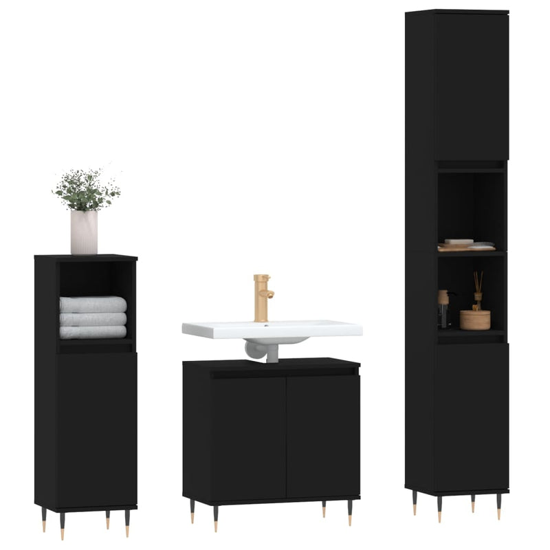 3 Piece Bathroom Furniture Set Black Engineered Wood