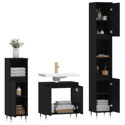 3 Piece Bathroom Furniture Set Black Engineered Wood