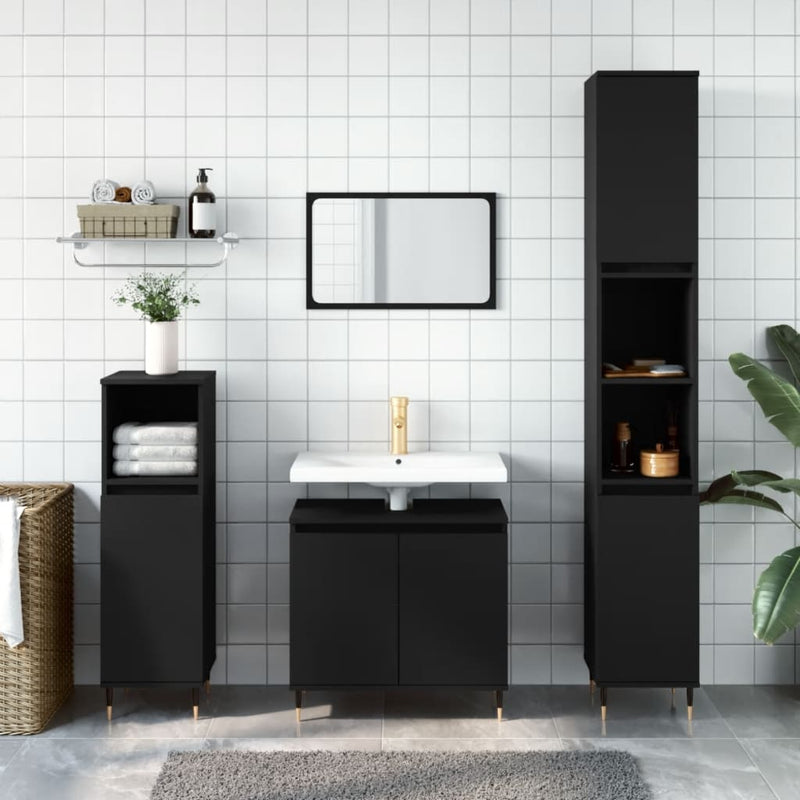 3 Piece Bathroom Furniture Set Black Engineered Wood