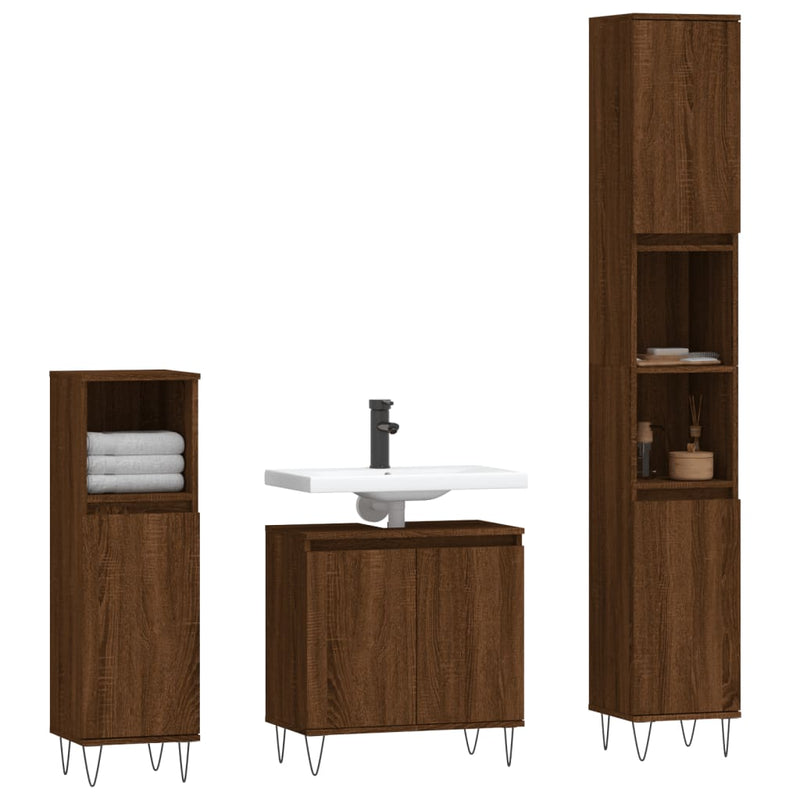 3 Piece Bathroom Furniture Set Brown Oak Engineered Wood