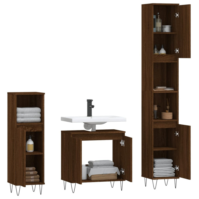 3 Piece Bathroom Furniture Set Brown Oak Engineered Wood