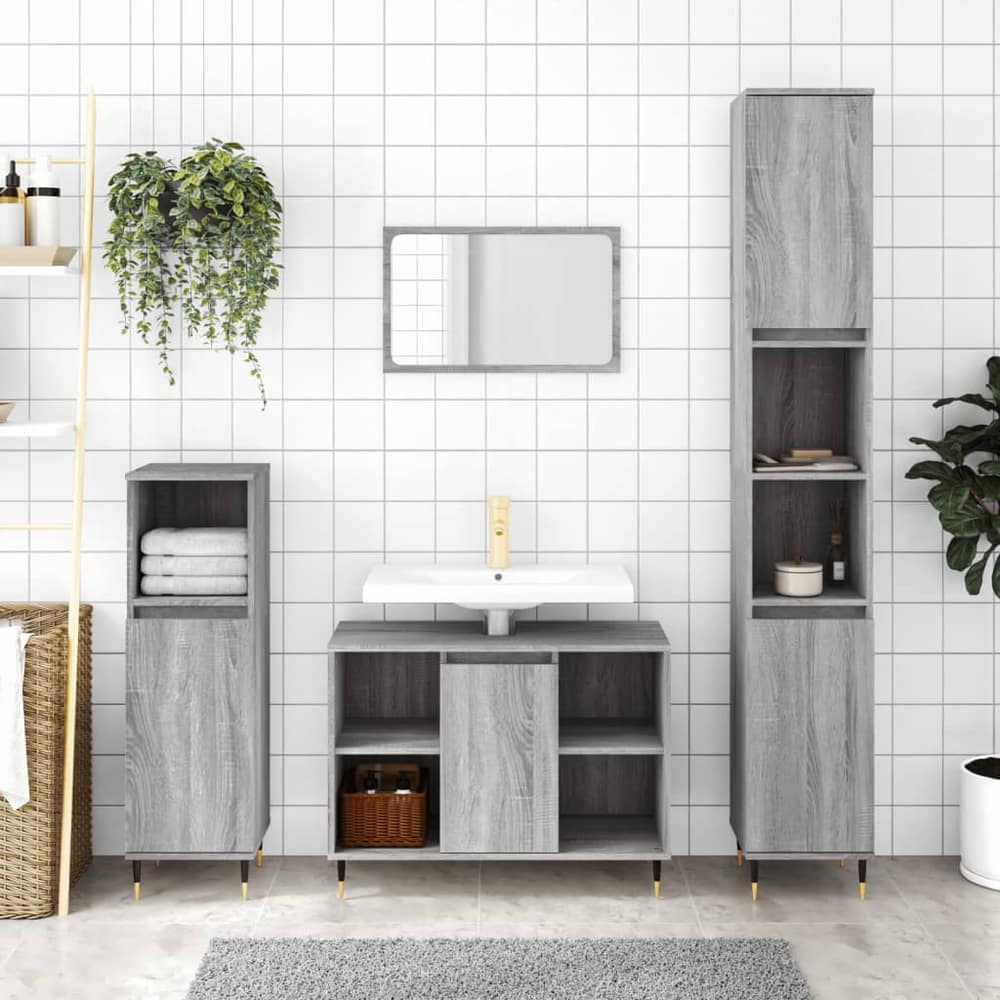 3 Piece Bathroom Furniture Set Engineered Wood Grey sonoma