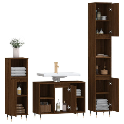 3 Piece Bathroom Furniture Set Brown Oak Engineered Wood