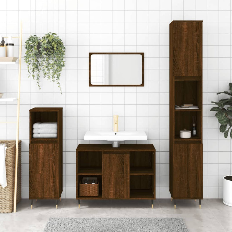 3 Piece Bathroom Furniture Set Brown Oak Engineered Wood