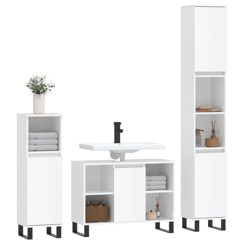 3 Piece Bathroom Furniture Set High Gloss White Engineered Wood