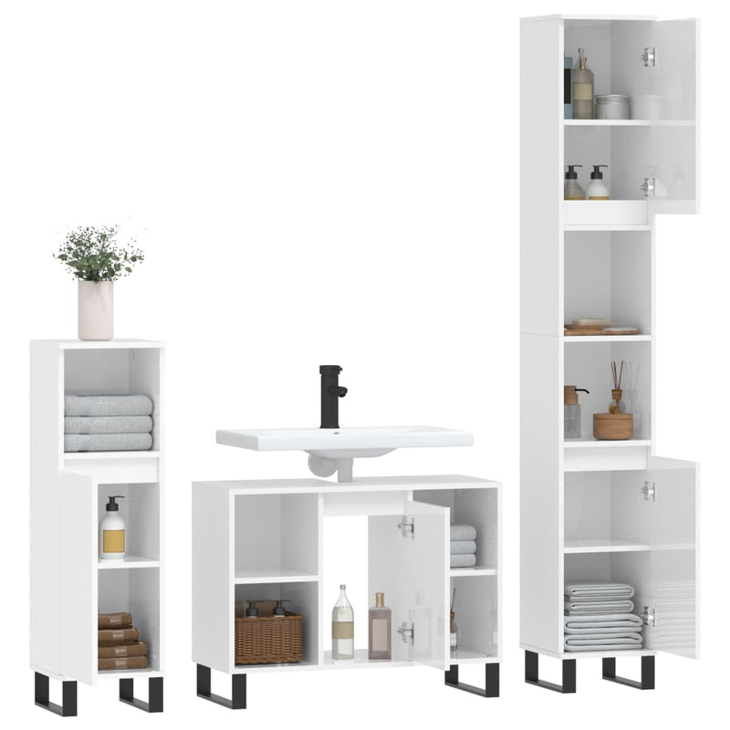 3 Piece Bathroom Furniture Set High Gloss White Engineered Wood