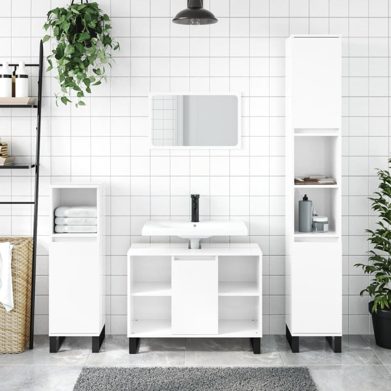 3 Piece Bathroom Furniture Set High Gloss White Engineered Wood