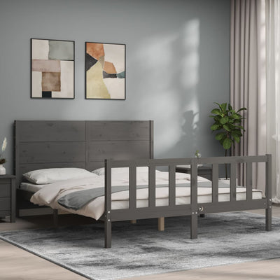 Bed Frame with Headboard Grey King Size Solid Wood