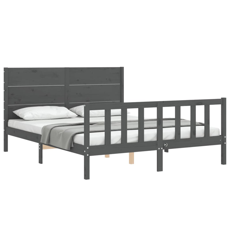 Bed Frame with Headboard Grey King Size Solid Wood