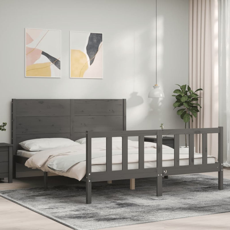 Bed Frame with Headboard Grey King Size Solid Wood