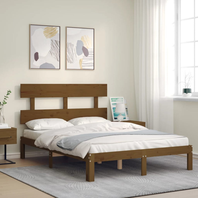 Bed Frame with Headboard Honey Brown Double Solid Wood