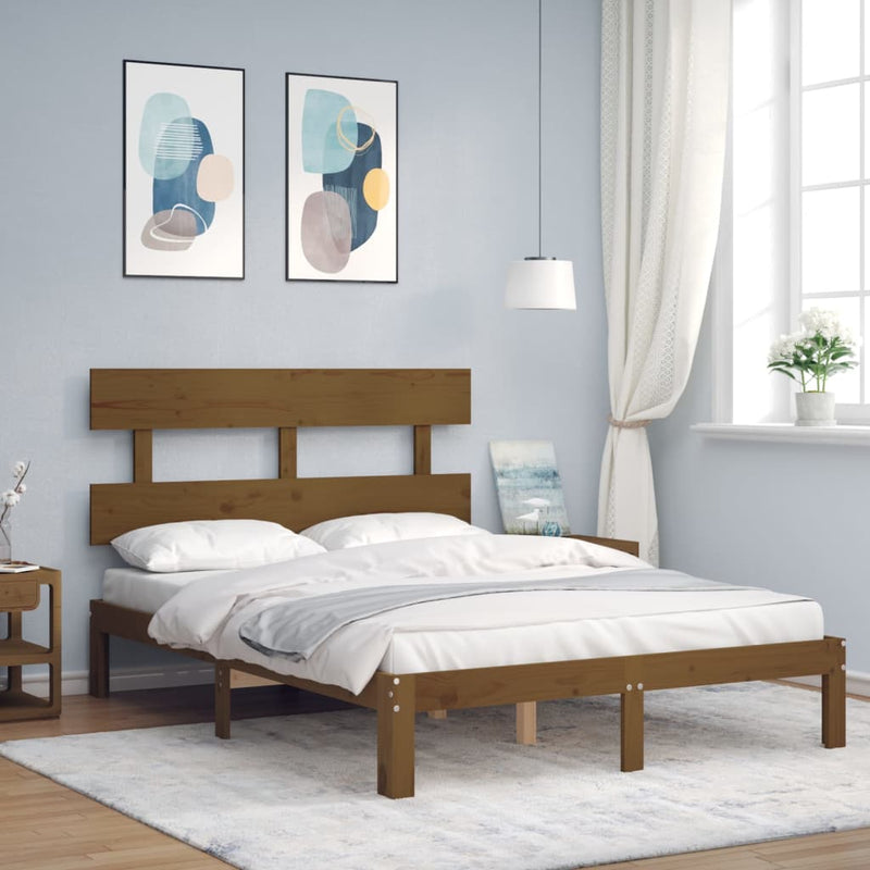 Bed Frame with Headboard Honey Brown Double Solid Wood