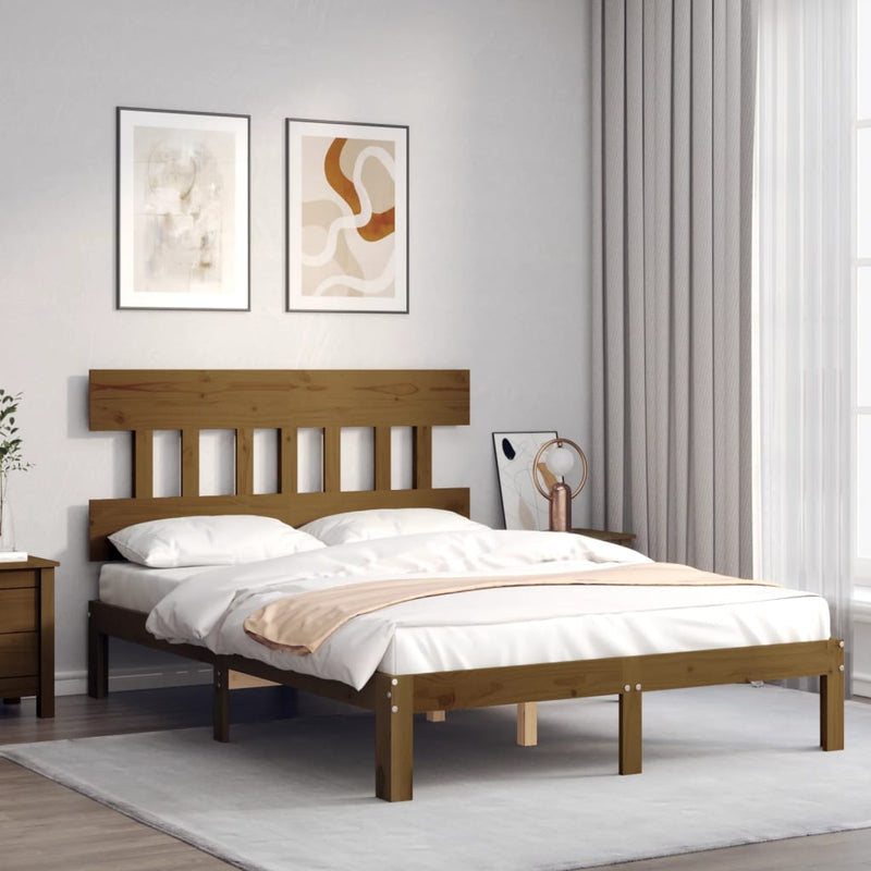 Bed Frame with Headboard Honey Brown Double Solid Wood