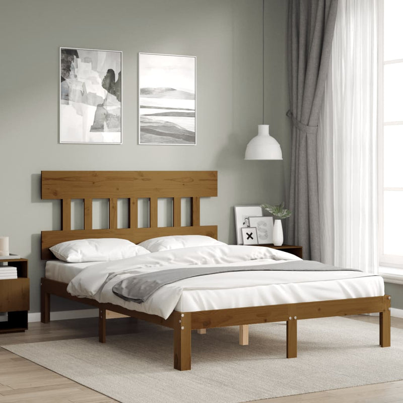 Bed Frame with Headboard Honey Brown Double Solid Wood