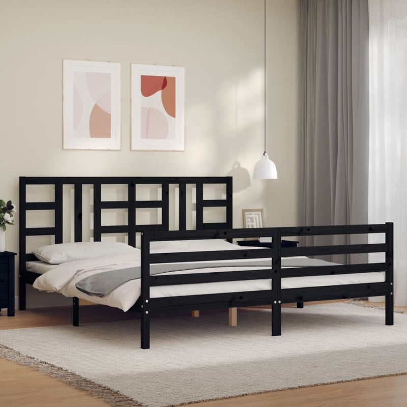 Bed Frame with Headboard Black Super King Size Solid Wood