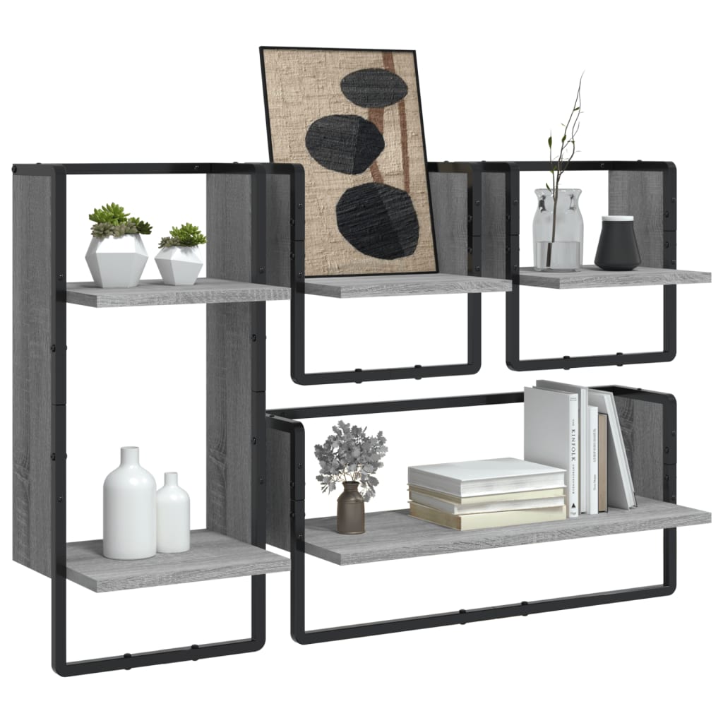 vidaXL 4 Piece Wall Shelf Set with Bars Grey Sonoma Engineered Wood 3