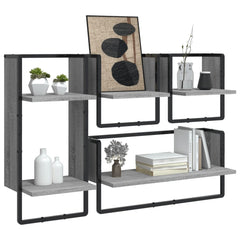 vidaXL 4 Piece Wall Shelf Set with Bars Grey Sonoma Engineered Wood 3