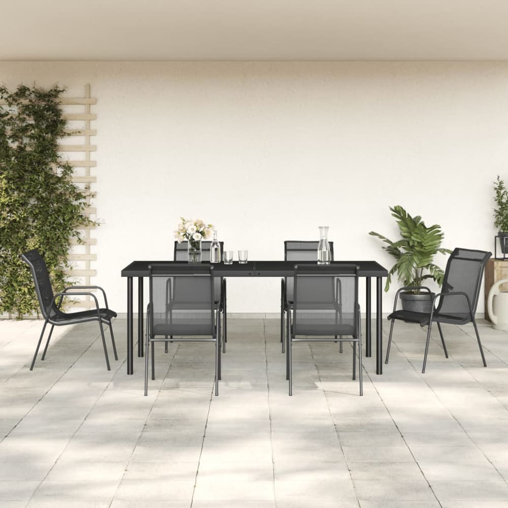 7 Piece Garden Dining Set Black Steel and Textilene 190 cm table length 6