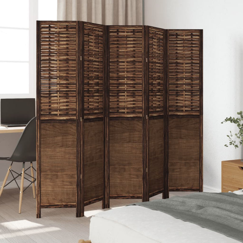 Room Divider 5 Panels Dark Brown Solid Wood Paulownia