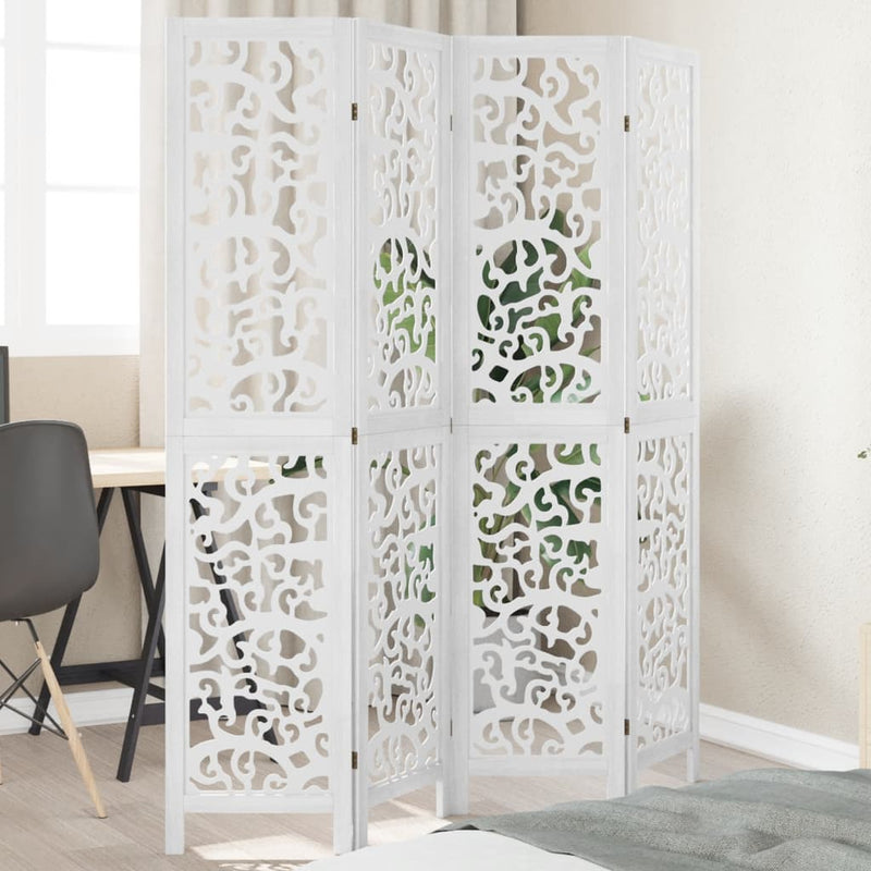 Room Divider 4 Panels White Solid Wood Paulownia