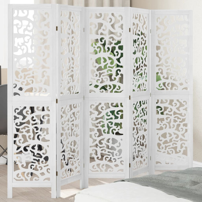 Room Divider 5 Panels White Solid Wood Paulownia