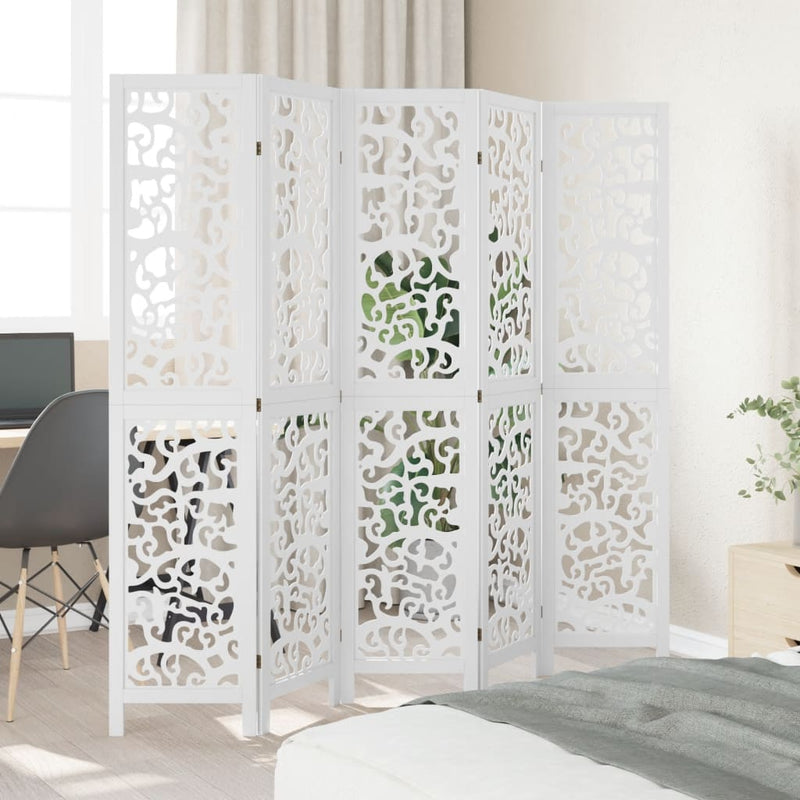 Room Divider 5 Panels White Solid Wood Paulownia